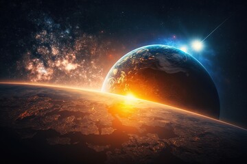 Two big planets, view from space, sunset, digital art illustration, color