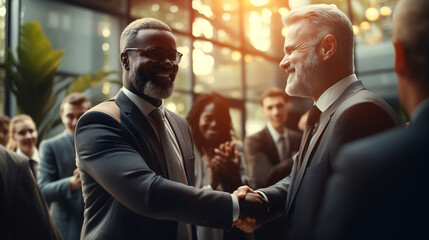 Businessmen making handshake in the city - business etiquette, congratulation, merger and acquisition concepts, panoramic banner - obrazy, fototapety, plakaty
