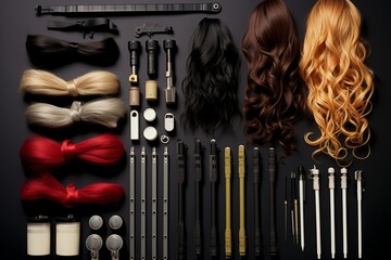 Hair extension kit with hair wefts, extensions, and installation tools, Generative AI - obrazy, fototapety, plakaty