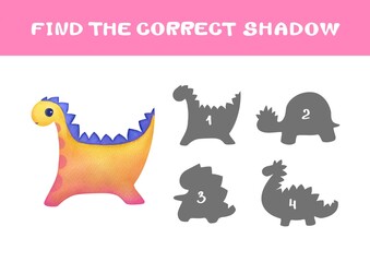 Educational logic matching game Find correct shadow of dinosaurs. Find 2 same objects. Choose correct answer. Printable worksheet, learning study page nursery childish activity. cute dinosaurs
