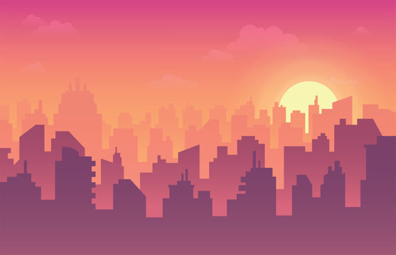Sunset modern city panorama skyline with bright sun metropolis silhouette background vector flat
