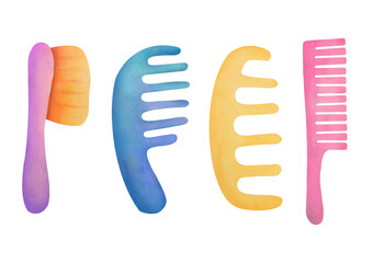 cute comb set for detangling hair, hairbrushing. Eco friendly hairdressing tool for personal hygiene. Hand drawn watercolor cutout clip art Barber's Tool on transparent background