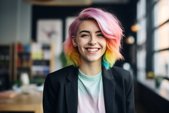 portrait of young woman with dyed rainbow hair wearing jacket in office