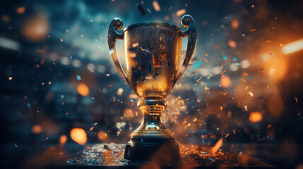 Gold cup standing on wooden table against bokeh background. 3D illustration.