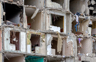 destroyed and burned houses in the city during the war in Ukraine