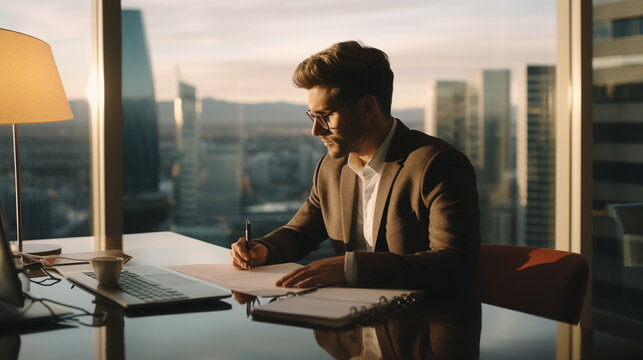 Businessman working with laptop at office. Businessman sitting at office desk working on laptop computer