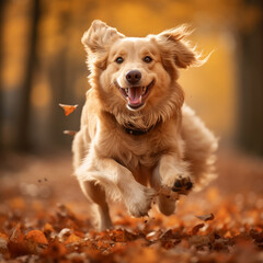 Dog running at park in autumn leaves