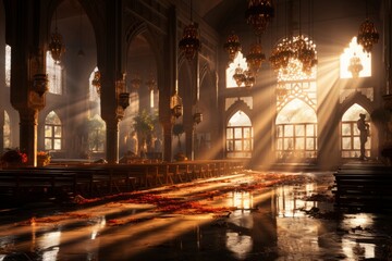 Mosque's tranquil prayer hall bathed in soft, diffused light, Generative AI