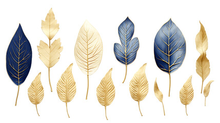 Set of Golden and Blue Tree Leaves on White Background for Wall Art and Home Decor