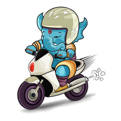 Cartoon character of indian lord ganesha riding superbike