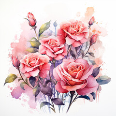 Beautiful watercolor rose bouquet on white background. Vector illustration.