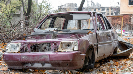 damaged and looted cars in a city in Ukraine during the war