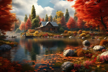Cozy stone cottage by the lake in the autumn forest