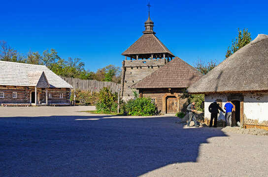 The service buildings of the Cossack settlement are visible, and in the distance is a wooden bell tower. October 10, 2019.