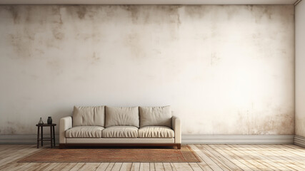 A sofa in an empty room with a textured solid-colored wall, neutral colors