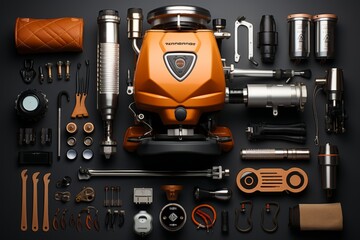 Barista championship kit with barista tools, competition trophies, and espresso machines, Generative A