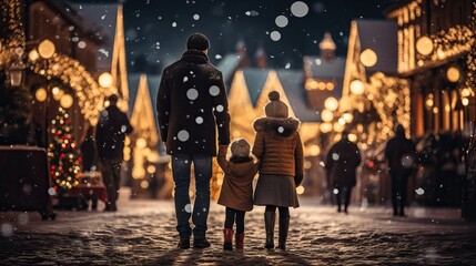 a family goes spending time at a traditional Christmas market on a winter evening. dad and children...