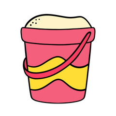 Children's sand bucket. Sandbox toys. Sand castle. Colorful bucket. Hand drawn vector illustration.