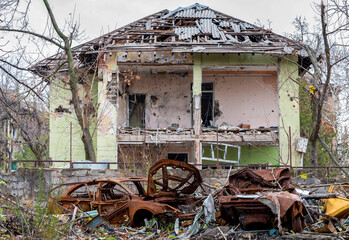 damaged and looted cars in a city in Ukraine during the war