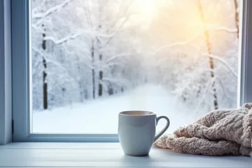 Foto op Plexiglas Cup of coffee on the windowsill in cozy room, winter scene outside the window © Lana_M
