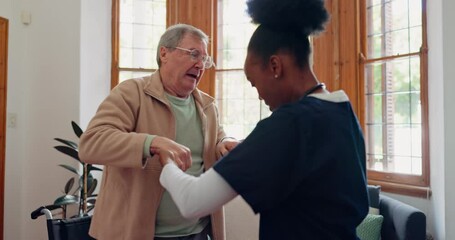 Walking, wheelchair or caregiver lifting an old man for healthcare support or rehabilitation at nursing home. Helping, hope or nurse speaking to senior patient or elderly person with a disability - Powered by Adobe