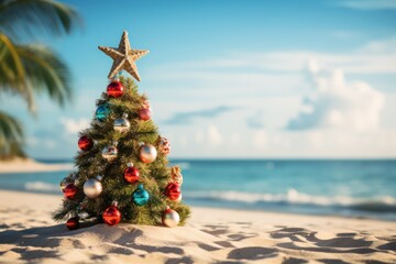 Christmas tree decorated on the sandy beach. Summer Xmas vacations on a tropical island