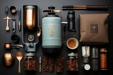 Foto op Plexiglas Coffee education kit with coffee books, brewing guides, and coffee equipment, Generative AI © fahmy