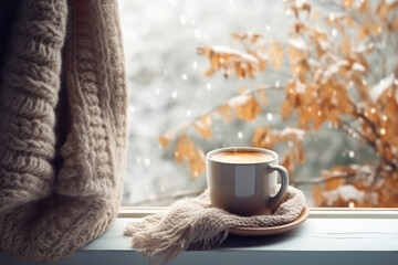 Cup of coffee on the windowsill in cozy room, winter scene outside the window - obrazy, fototapety, plakaty