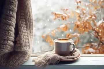Poster Cup of coffee on the windowsill in cozy room, winter scene outside the window © Lana_M