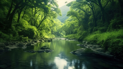 Flowing River Water Surrounded By Lush Green Rainy Forest Background