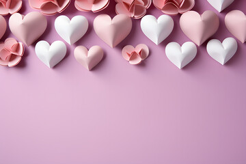 Paper hearts on pastel pink background.