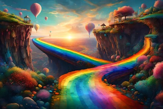 Create a surreal image of an elegant, rainbow road rising into the sky, disappearing into an untamed, floating island paradise