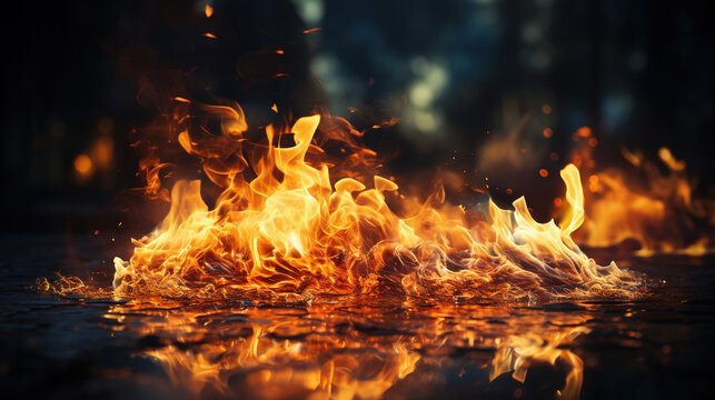 Burning Fire on The Ground Selective Focus Dark Background