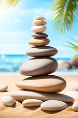 Fototapete Balanced pyramid of pebble stones on the beach in clear sunny weather. Background for meditation, zen relax, yoga and massage.Generative AI © svf74