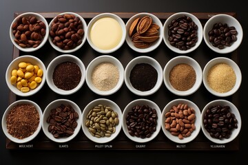 Obraz na płótnie Canvas Coffee tasting kit with coffee tasting notes, coffee beans, and tasting cups, Generative AI 