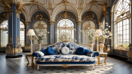 Color palette of royal blue, gold, and ivory in a living room, interior design, rococo baroque - obrazy, fototapety, plakaty