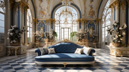 Color palette of royal blue, gold, and ivory in a living room, interior design, rococo baroque