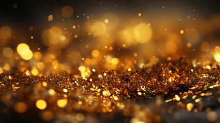 Fototapeta na wymiar Dark Yellow Color Defocused Macro Sparks Fall and Sparkle in Ray of Light Glitter Background