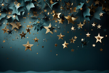 Paper stars on night sky on blue background.