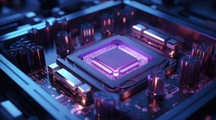Fototapeta premium Power Unveiled: A Modern, High-Performance Processor Illuminated in Radiant Purple Neon Light.