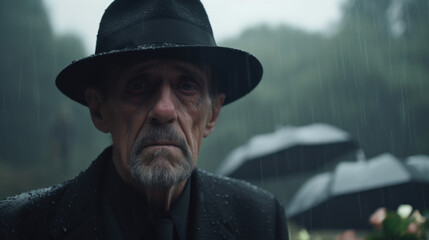Grieving Farewell: A Portrait of a Mature Man in Mourning Black Attire Amidst a Funeral, Rain, and Cemetery, Capturing the Essence of Loss and Sorrow. - obrazy, fototapety, plakaty