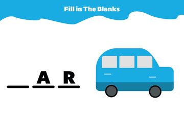 Fill in the blanks. Educational game for kindergarten or elementary students. Printable spelling worksheet for kids. Simple vector illustration of blue car.