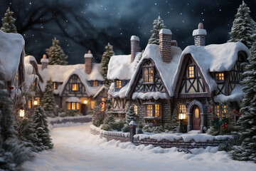 Snowy Wonderland, Magical English Winter Village and Snow-Covered Christmas Trees