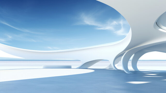 Fototapeta Render of futuristic architecture design detail with blue sky in background for showroom