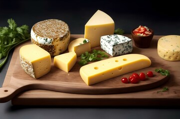 Cheese board platting with fruits grapes strawberry and kiwi, cheese with meat bacon slice gourmet