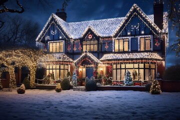 Obraz premium Immerse in the festive spirit with this cozy house, splendidly adorned with twinkling Christmas lights, casting a warm, inviting glow amidst the crisp, snowy landscape. 