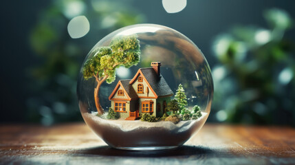 a glass ball with a small house inside - obrazy, fototapety, plakaty