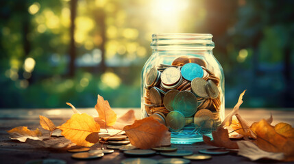 A transparent glass with money coins and yellow autumn leaves next to it on a table - obrazy, fototapety, plakaty