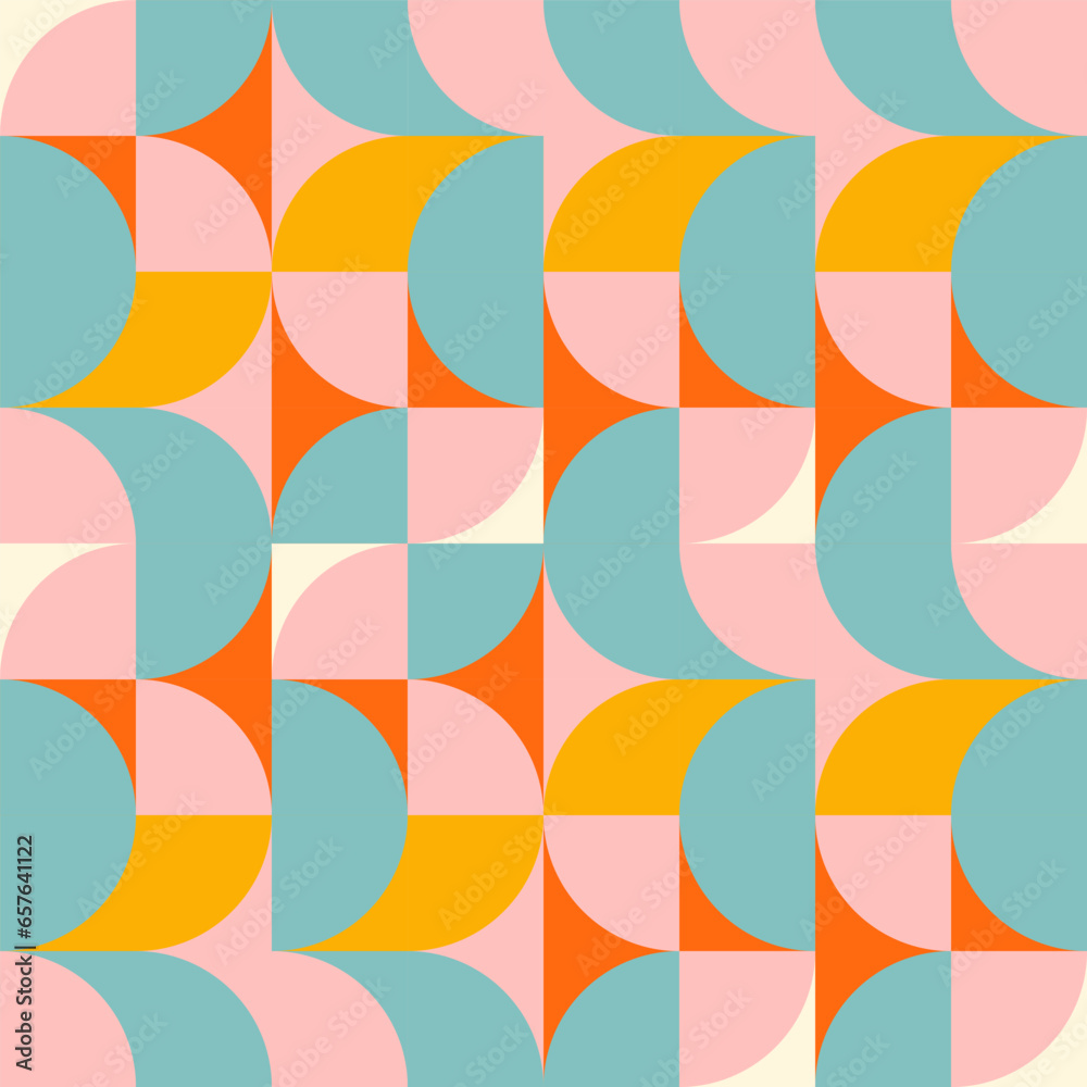 Poster Retro geometric aesthetics. Bauhaus and avant-garde inspired vector background with abstract simple shapes like circle, square, semi circle. Colorful pattern in nostalgic pastel colors.