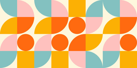Retro geometric aesthetics. Bauhaus and avant-garde inspired vector background with abstract simple shapes like circle, square, semi circle. Colorful pattern in nostalgic pastel colors. - 657641173